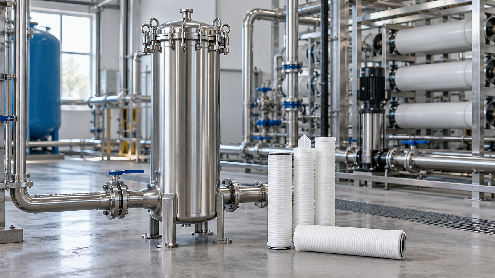 Illustrative bag filter housing and cartridge filtration equipment