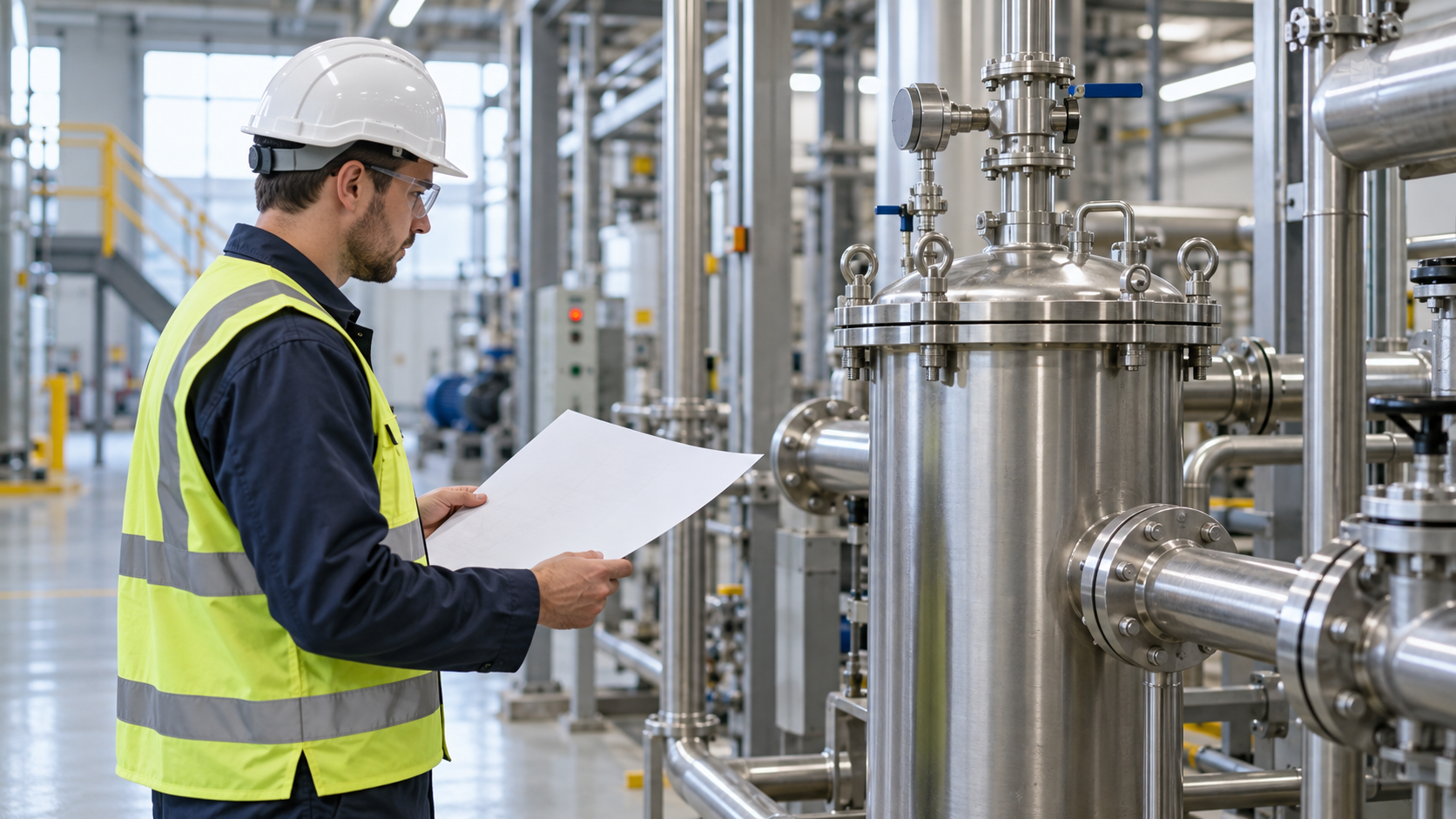 Illustration of an operator reviewing a cartridge filter housing and pressure gauge