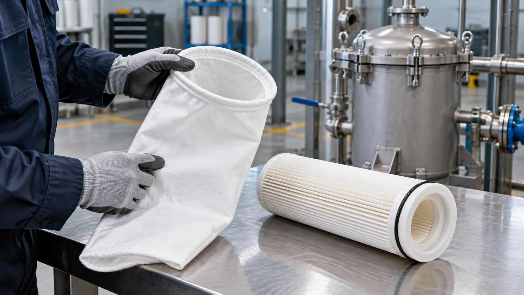 Illustration of a filter bag and cartridge beside a stainless steel filter housing