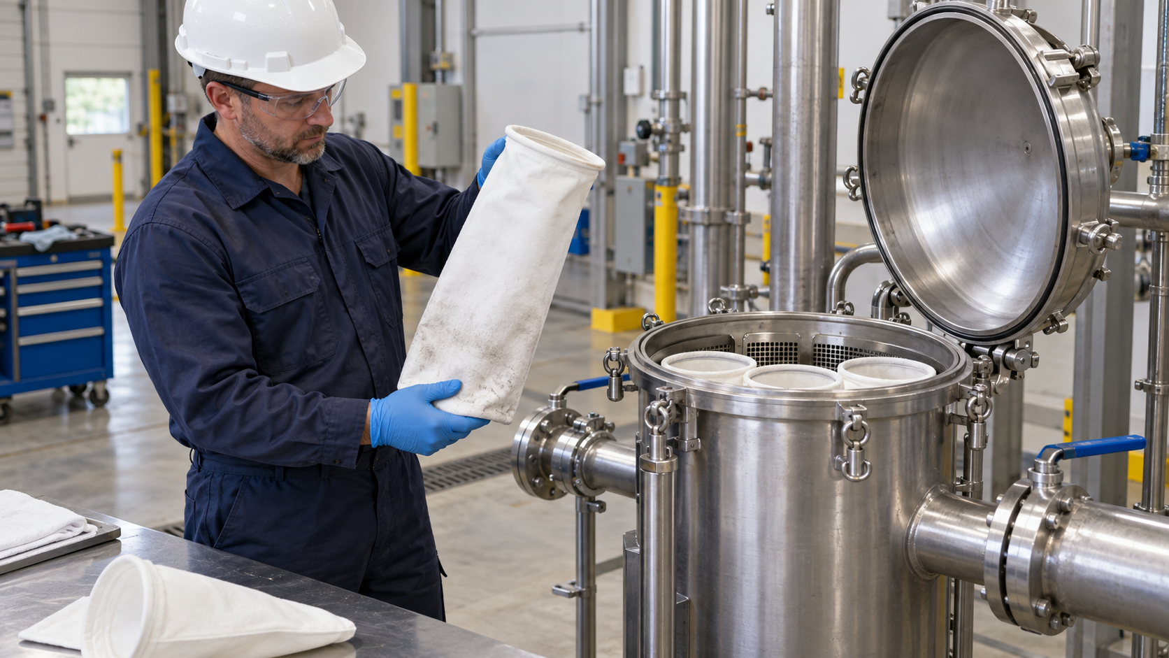 Illustration of an operator inspecting a used filter bag beside an open filter housing