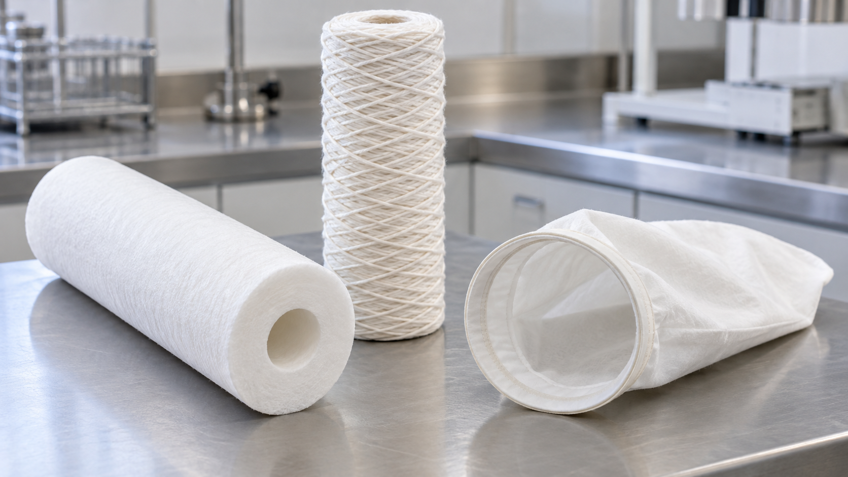 Illustration of filter cartridges and a filter bag on a stainless steel workbench