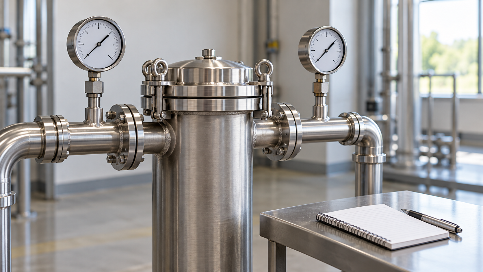 Illustration of a stainless steel filter housing with upstream and downstream gauges and a maintenance notebook