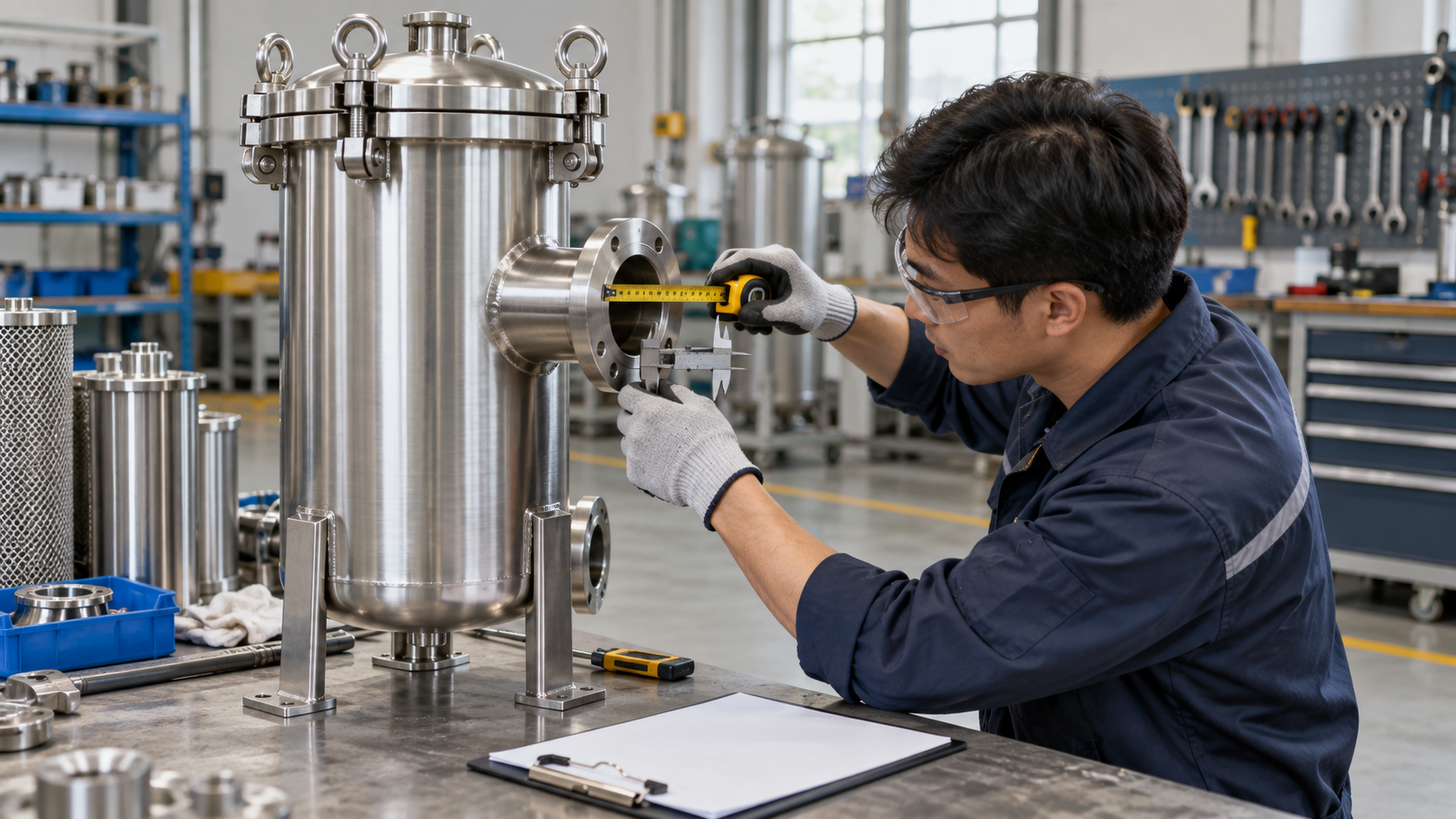 Illustration of an operator measuring a connection on a stainless steel filter housing