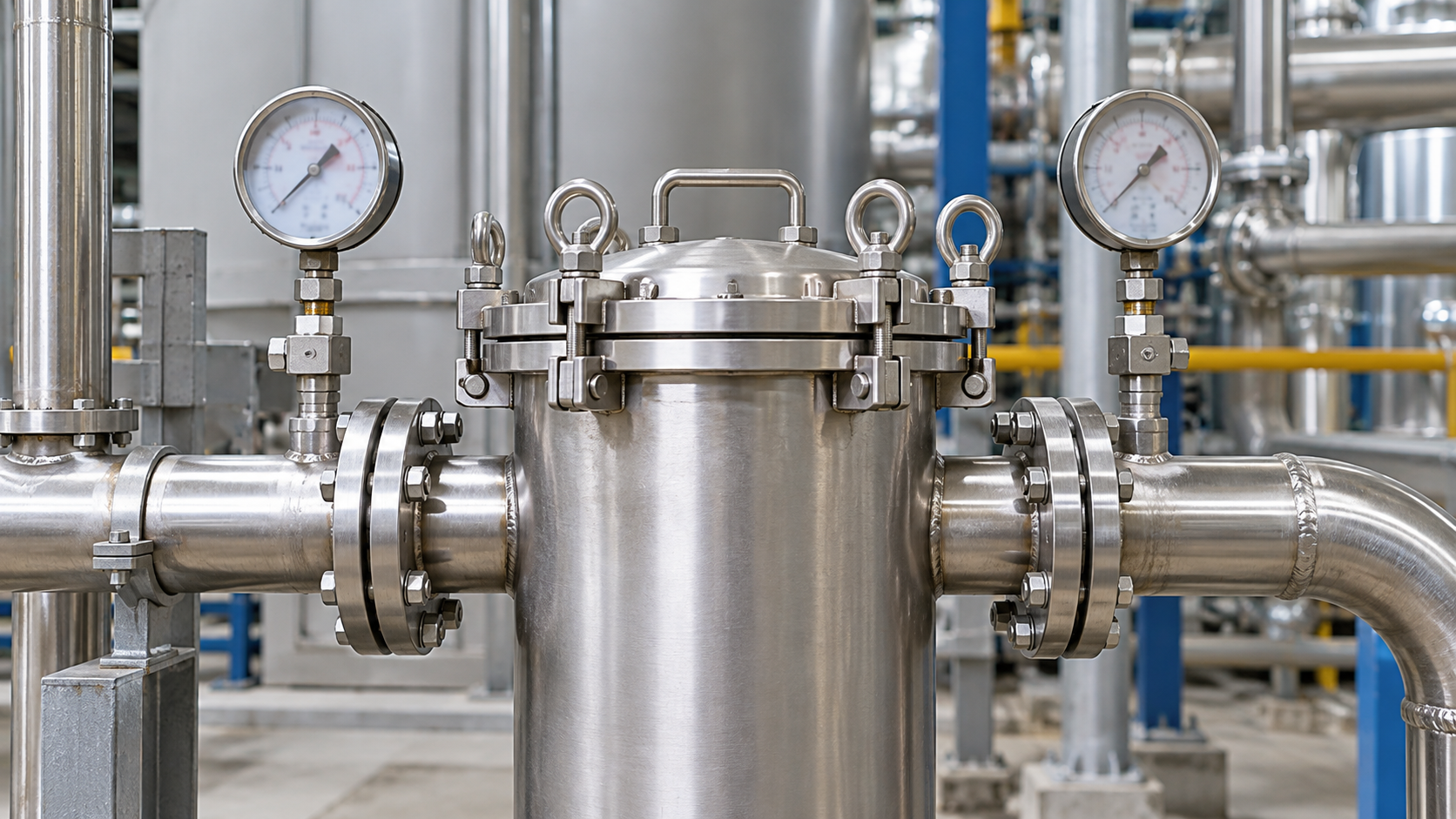 Illustration of a stainless steel industrial filter housing with piping and pressure gauges