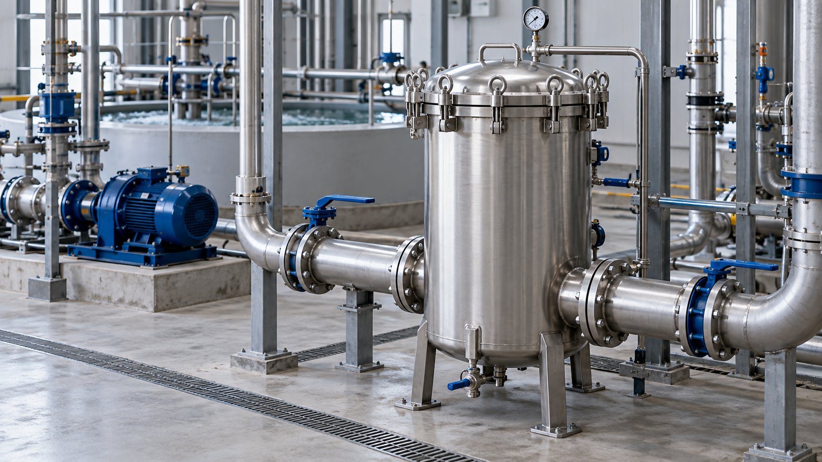 Illustration of a stainless steel industrial filter housing connected to piping and a circulation pump