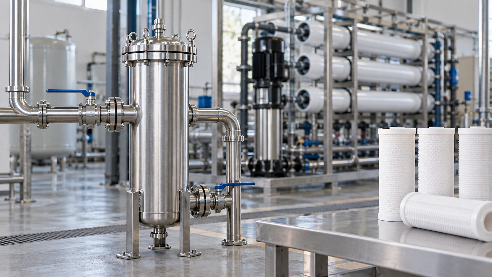 Illustration of a stainless steel cartridge prefilter and white cartridges in a water treatment setting