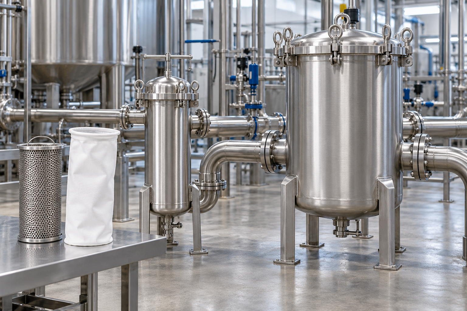 Illustration of single and multi-bag filter housings with a perforated basket and filter bag