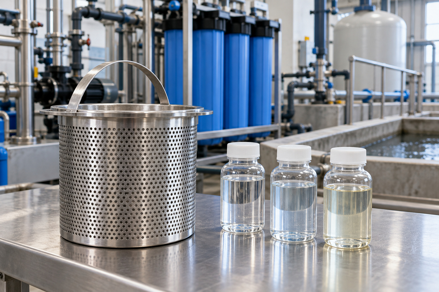 Generic perforated filter basket and water sample bottles in an industrial filtration setting
