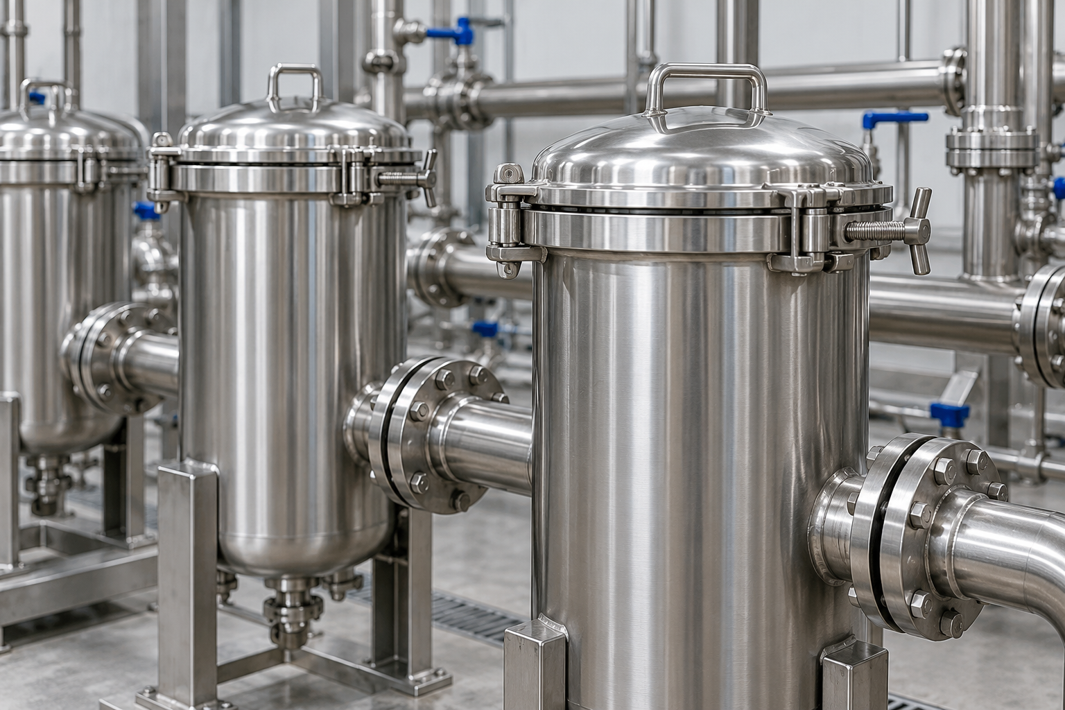 Generic stainless steel bag filter housings in an industrial filtration setting