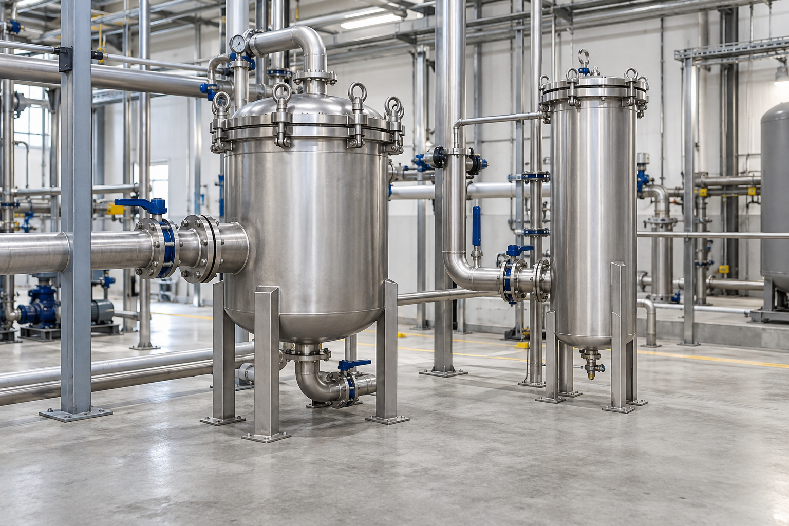 Industrial filter vessels and connecting pipework at a generic installation site