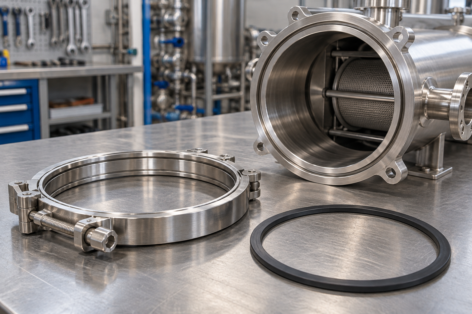 Generic stainless steel filter housing with sealing ring and closure hardware for inspection