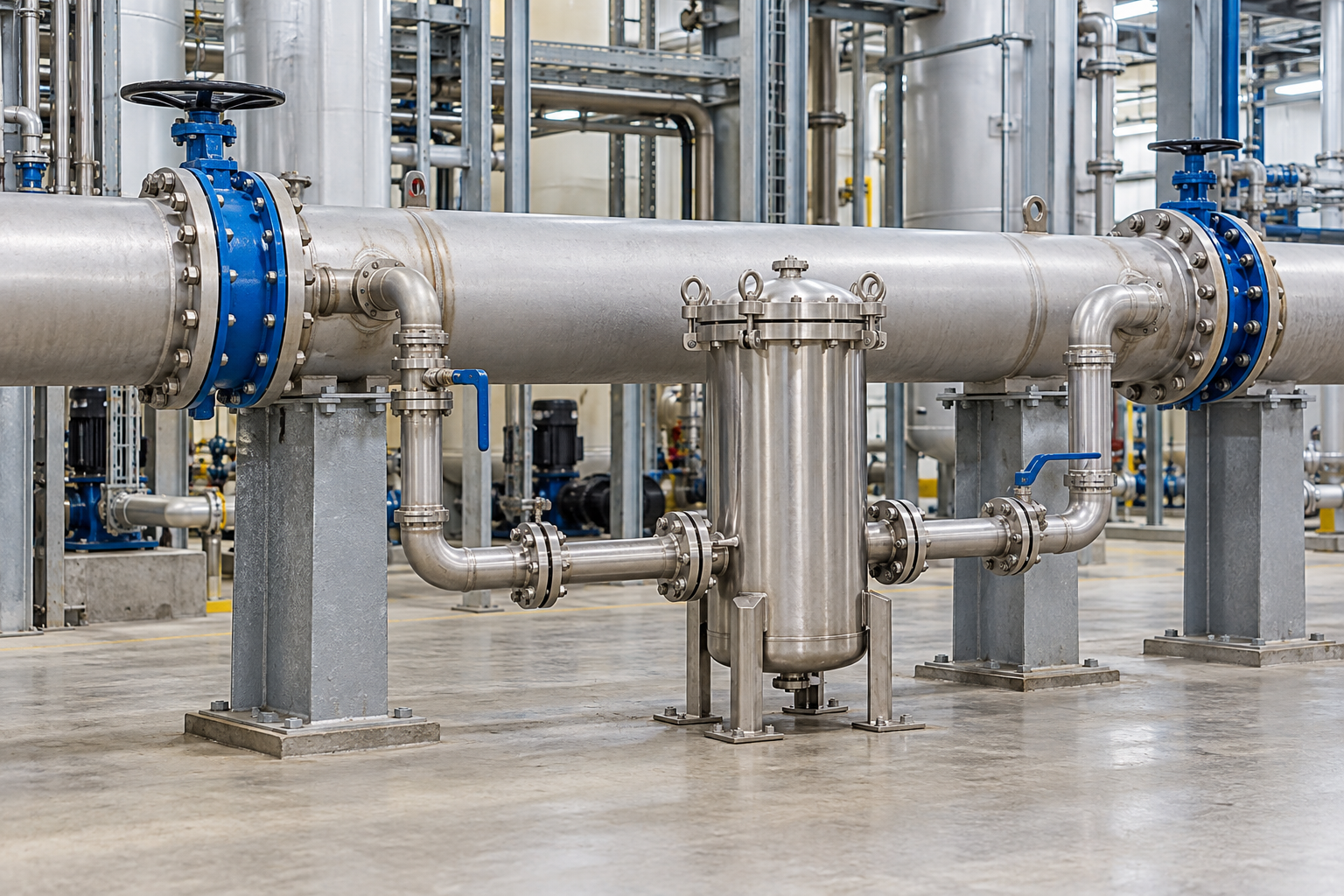 Industrial filtration equipment and pipework in a generic water treatment setting