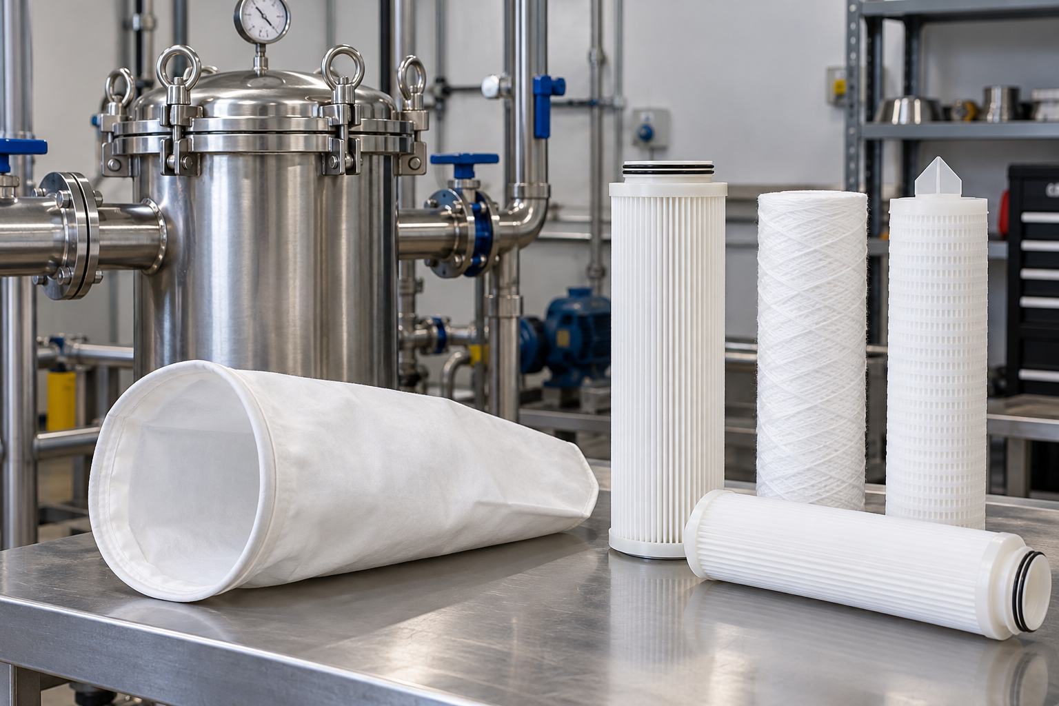 Generic industrial filter housing, filter bag and cartridge elements displayed together