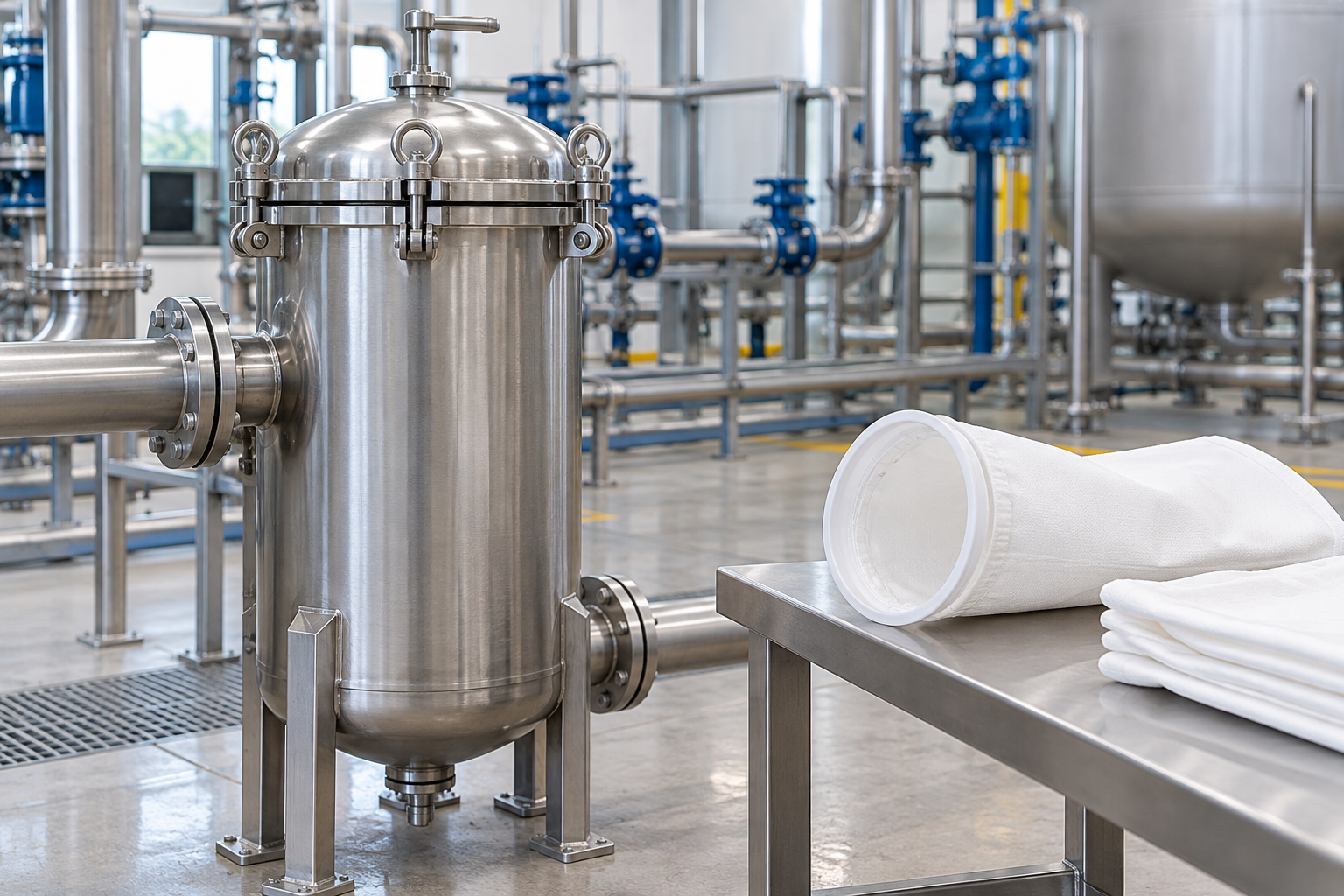 Generic bag filter housing and replacement filter bag in an industrial setting